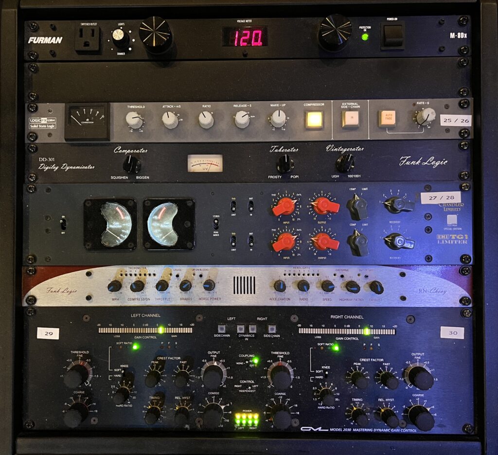 Photo of miscellaneous professional audio hardware such as EQs, compressors, etc.